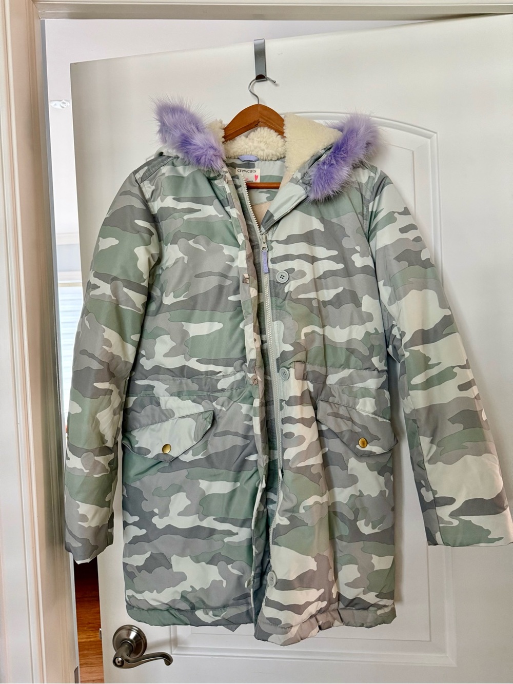 Crewcuts Girls' Green/Grey Camo Puffer with Lavender Faux Fur Trim
